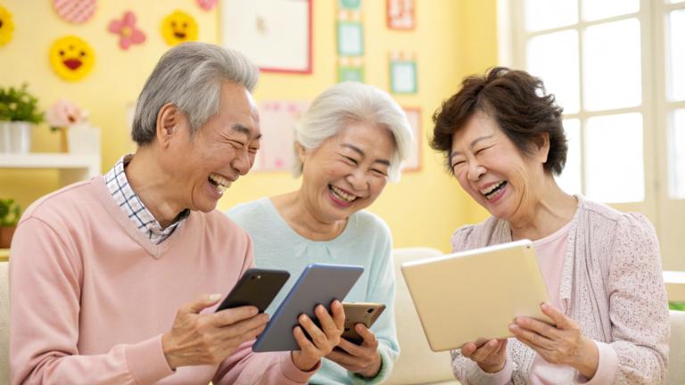 スマホやタブレットを開く老人
